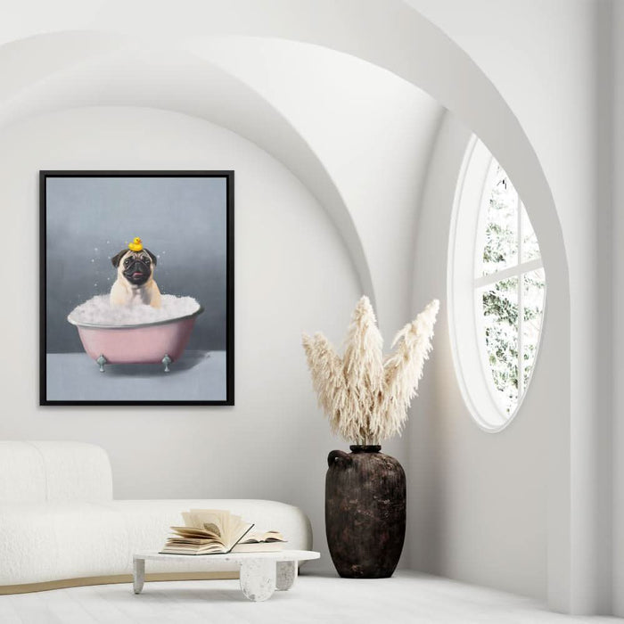 Pug In The Bath - Bath Wall Art in Black Frame