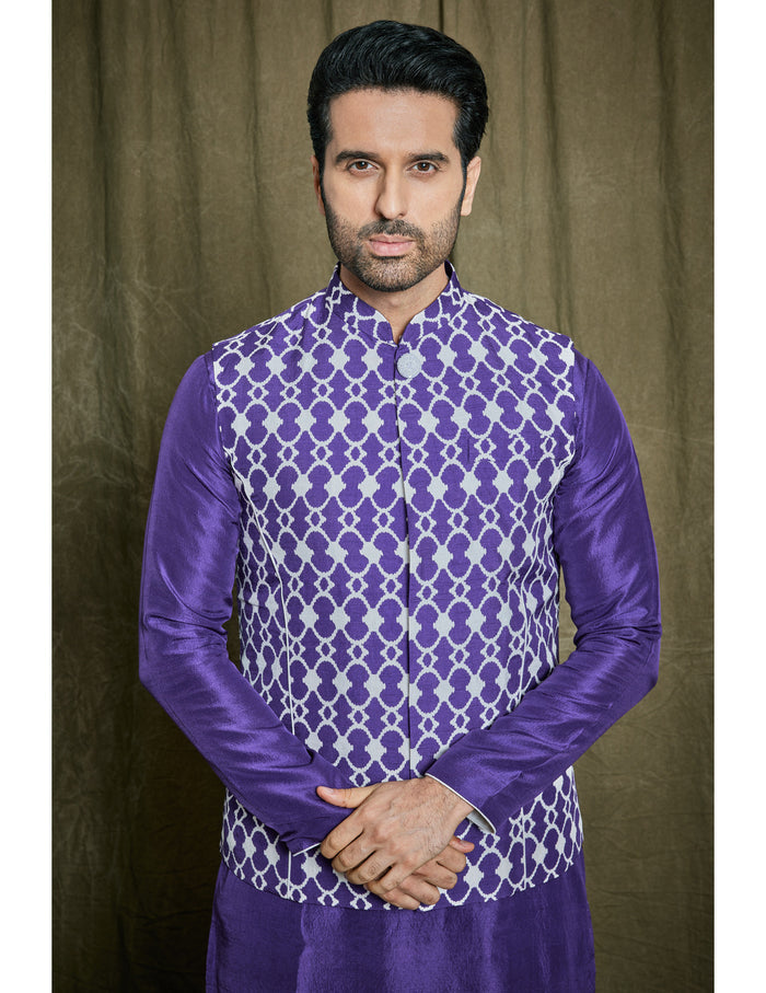 Purple Silk Kurta Set with Bandi