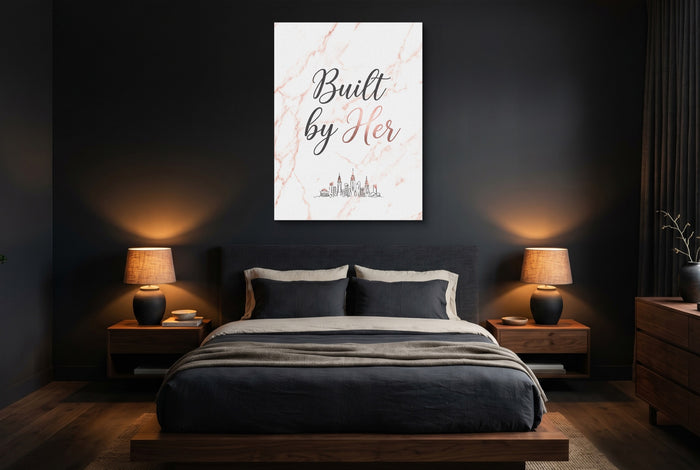 Quote Built By Her — quote built by her bedroom with dark walls 1port flush print