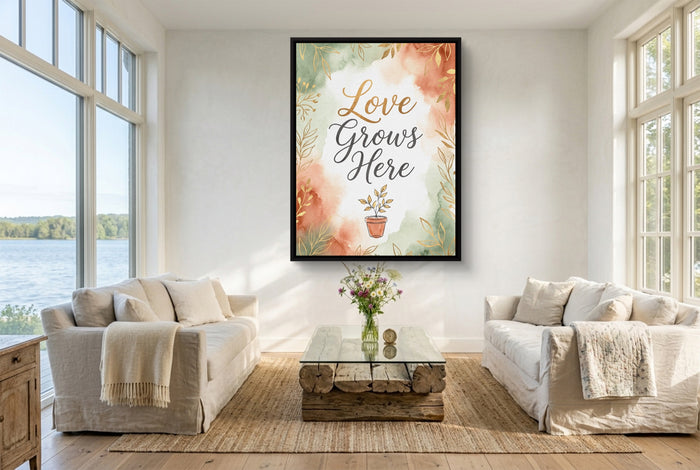 Quote Love Grows Here — quote love grows here living room with couches 1port framed black