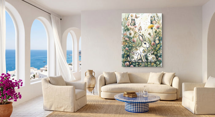 Rabbits Clover Meadow — rabbits clover meadow beachside couch livingroom 1port flush print