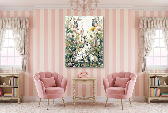 Rabbits Clover Meadow — rabbits clover meadow pink living room interior 1port flush print