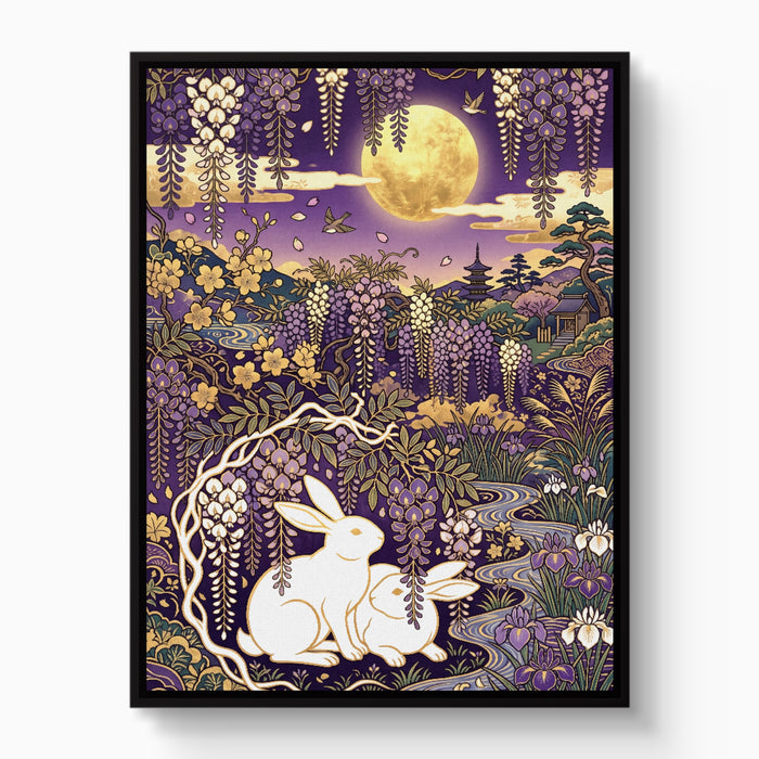 Rabbits Golden Night — rabbits golden night white studio framed black