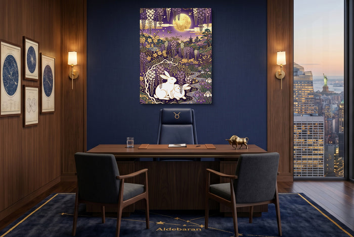 Rabbits Golden Night — rabbits golden night office with city view 1port flush print