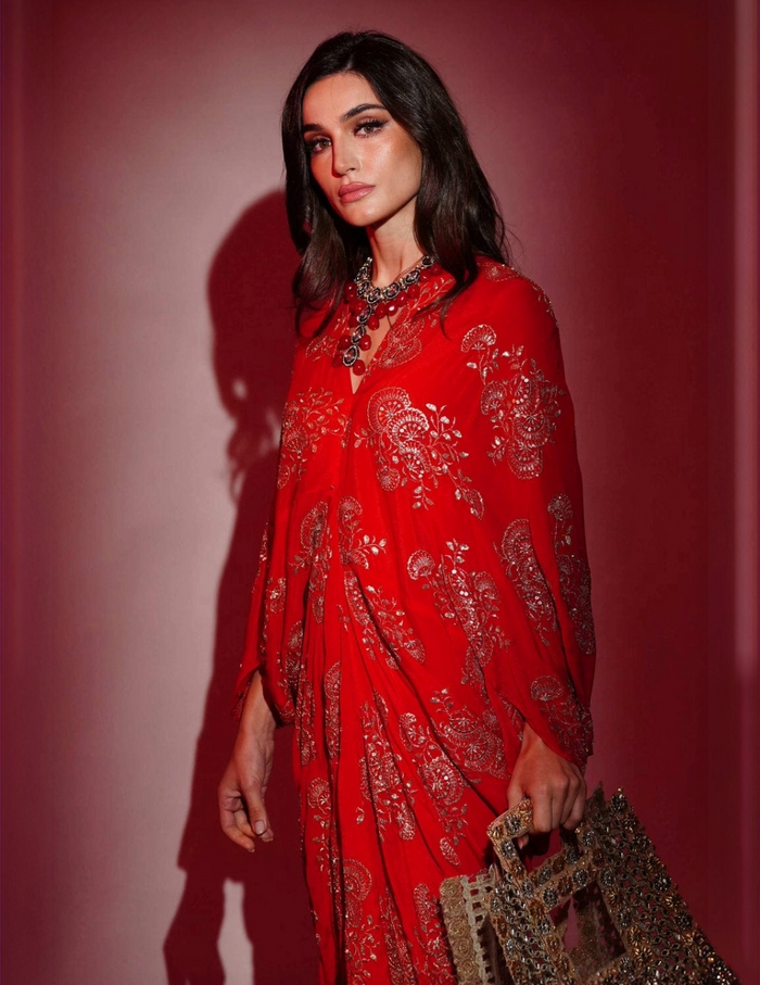 Red chinon embroidered midi dress by Arab Crab designer available in Singapore