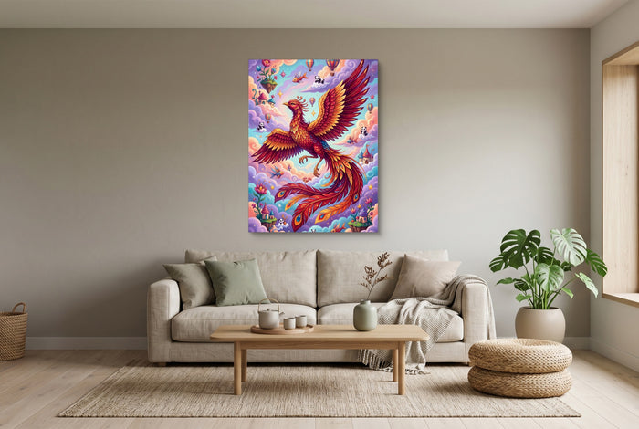 Rising Phoenix Pop Surreal — rising phoenix pop surreal living room interior view 2 1port flush print