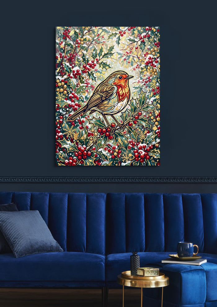 Robin Winter Berries — robin winter berries sq blue luxury room 1port flush print