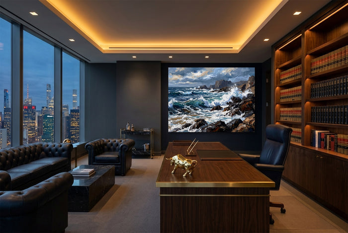 Rocky Coastline Waves — rocky coastline waves office with city view 4 1land flush print