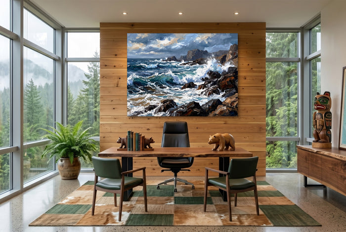 Rocky Coastline Waves — rocky coastline waves office with wooden desk 1land flush print