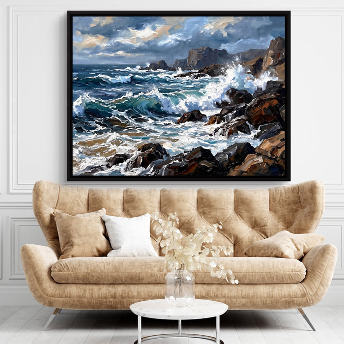 Rocky Coastline Waves — rocky coastline waves sq brown living room 1land framed black