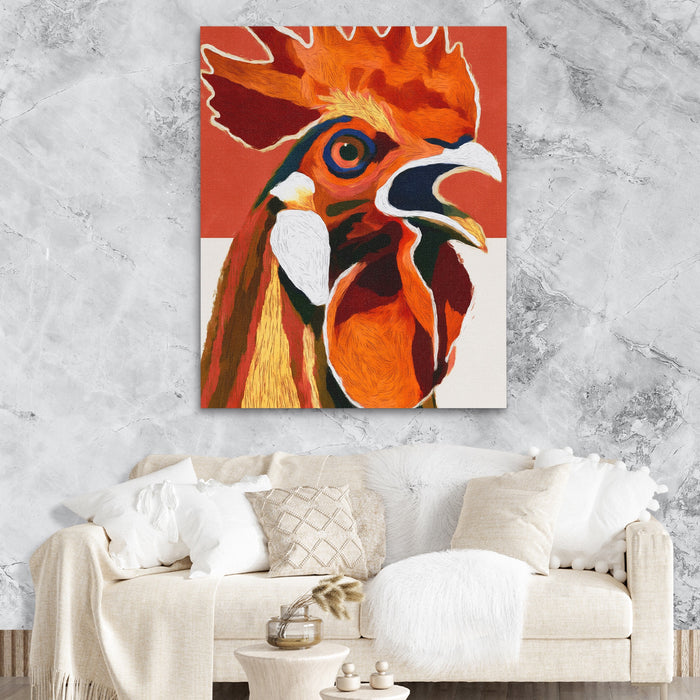 Rooster Crowing Line canvas wall art, room view