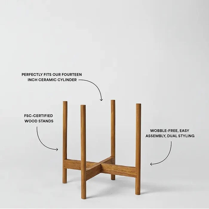 Wooden plant stand with text highlighting features on a white background