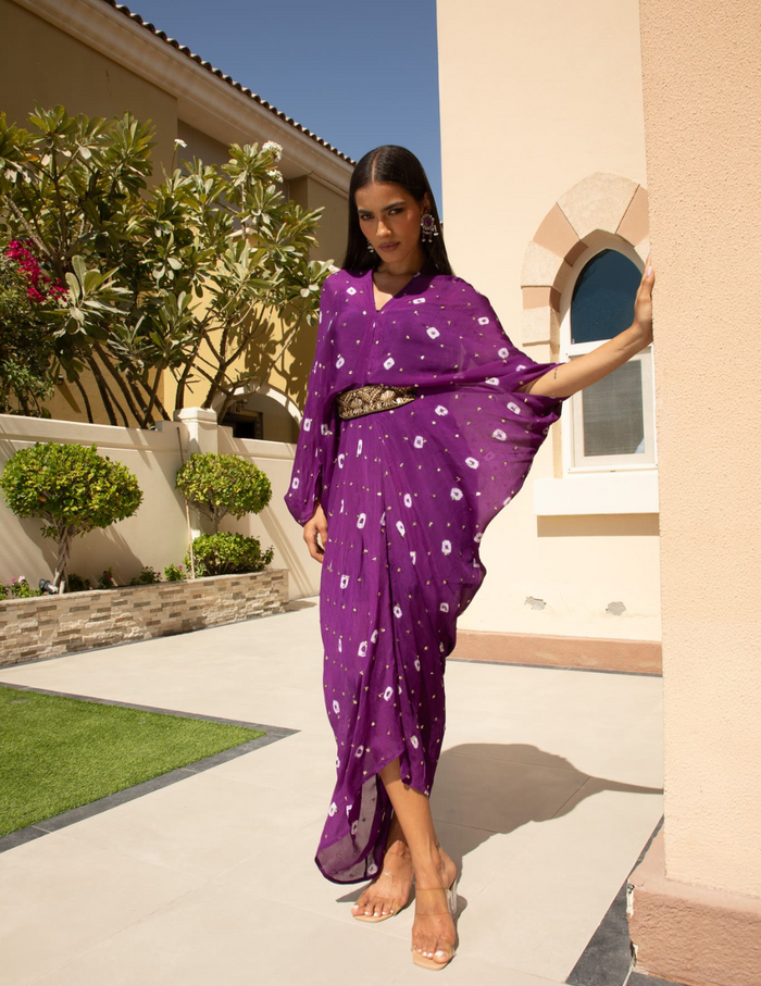 Royal purple chinon embroidered midi dress by Arab Crab designer Singapore