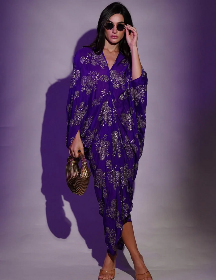 Royal purple chinon embroidered midi dress by Arab Crab designer in Singapore