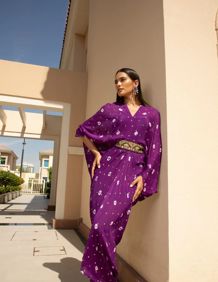 Royal purple chinon embroidered midi dress by Arab Crab designer Singapore