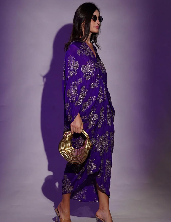 Royal purple chinon embroidered midi dress by Arab Crab designer in Singapore
