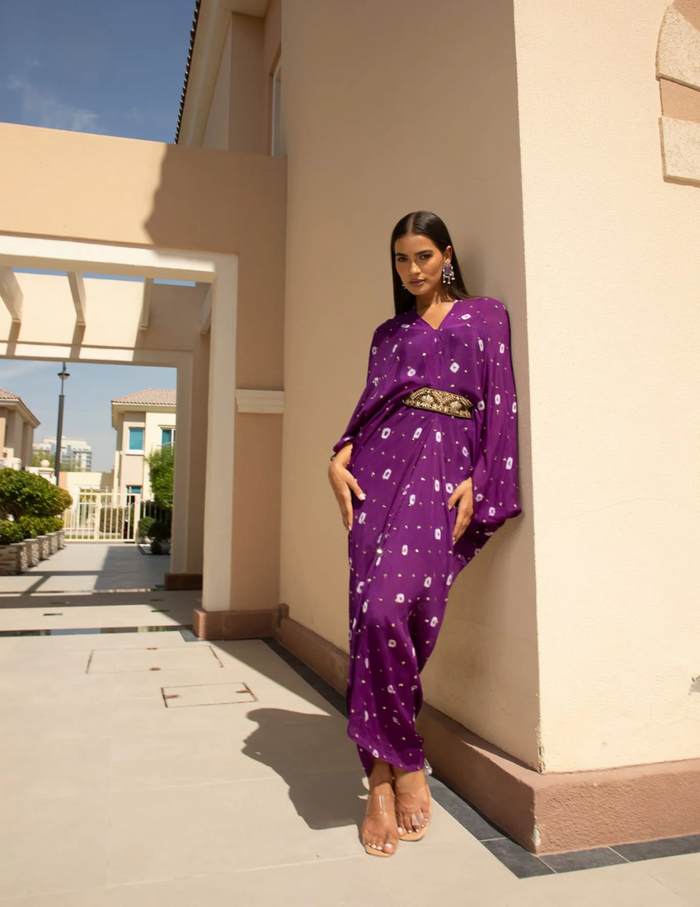 Royal purple chinon embroidered midi dress by Arab Crab designer Singapore