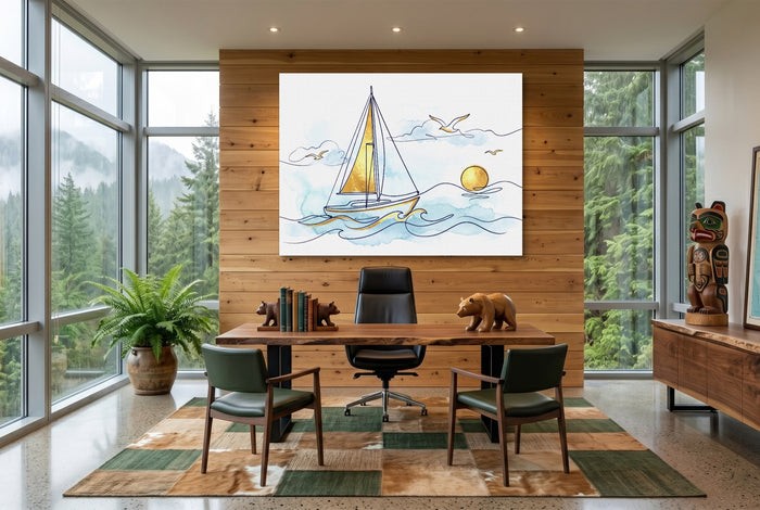Sailboat Golden Sunrise — sailboat golden sunrise office with wooden desk 1land flush print