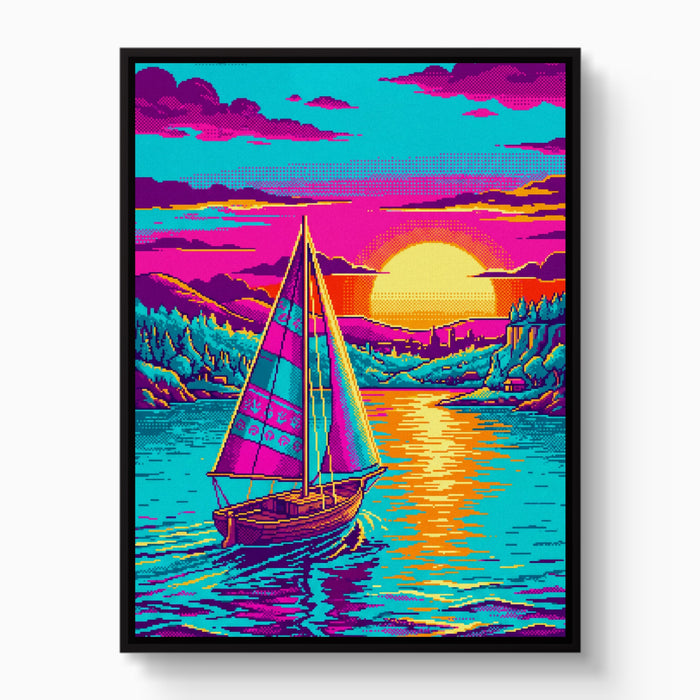 Sailboat On Calm Pixel Art — sailboat on calm pixel art white studio framed black