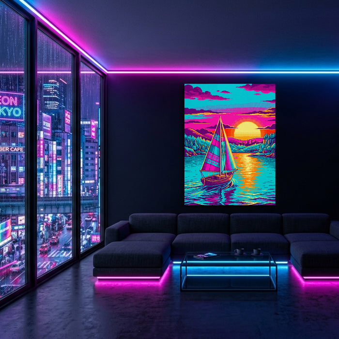 Sailboat On Calm Pixel Art — sailboat on calm pixel art sq blue pink neon room 1port flush print