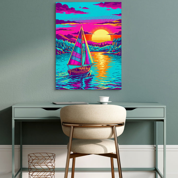 Sailboat On Calm Pixel Art — sailboat on calm pixel art sq green desk 1port flush print