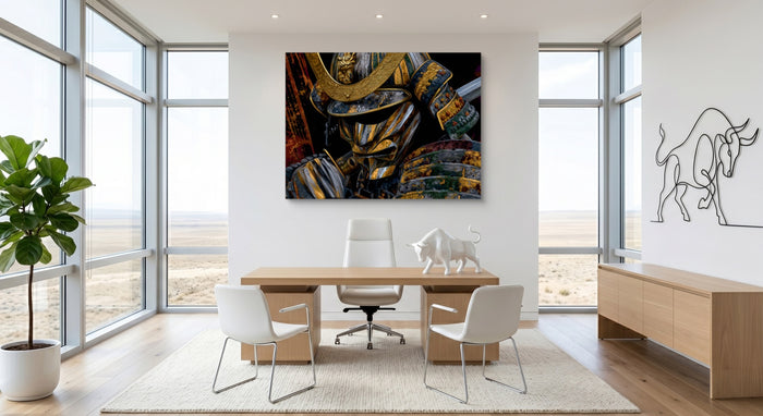Samurai Golden Armor — samurai golden armor office space with furniture 1land flush print