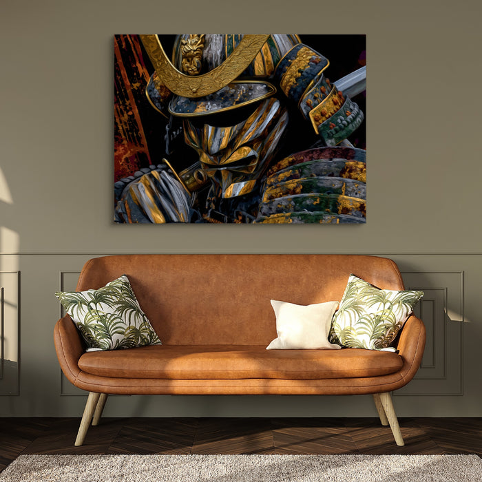 Samurai Golden Armor — samurai golden armor sq hallway bench green 1land flush print