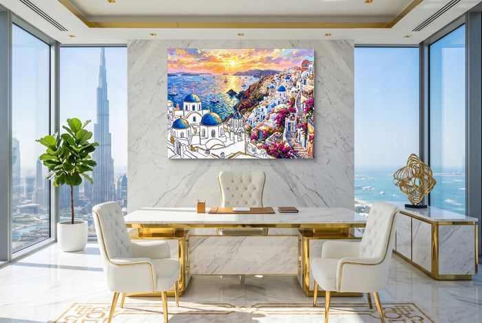 Santorini Sunset Glow — santorini sunset glow office with city view 2 1land flush print