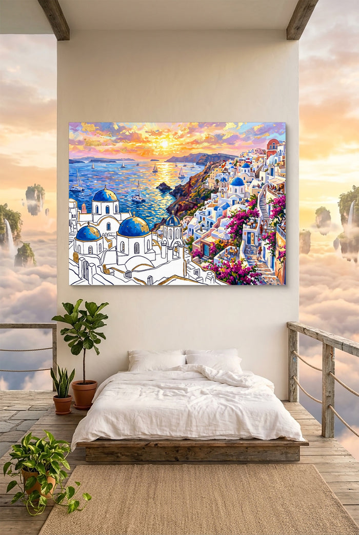 Santorini Sunset Glow — santorini sunset glow p bedroom with view 1land flush print