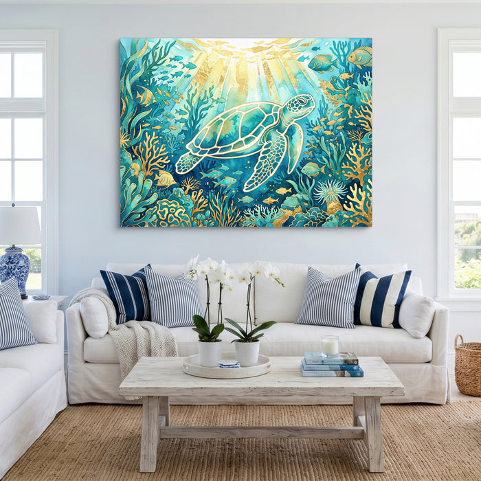 Sea Turtle Golden Ocean — sea turtle golden ocean sq cute livingroom 1land flush print