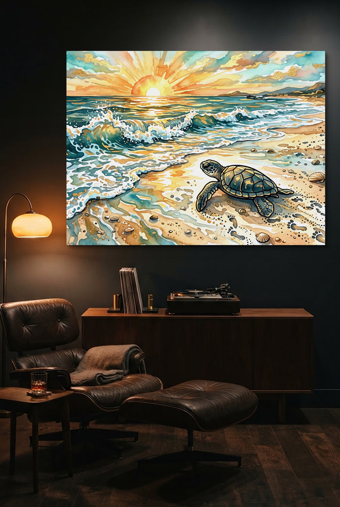 Sea Turtle Sunrise — sea turtle sunrise p indoor living room scene 1land flush print