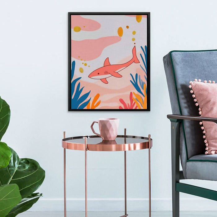 Seeking Pink Shark - Wall Art in Black Frame