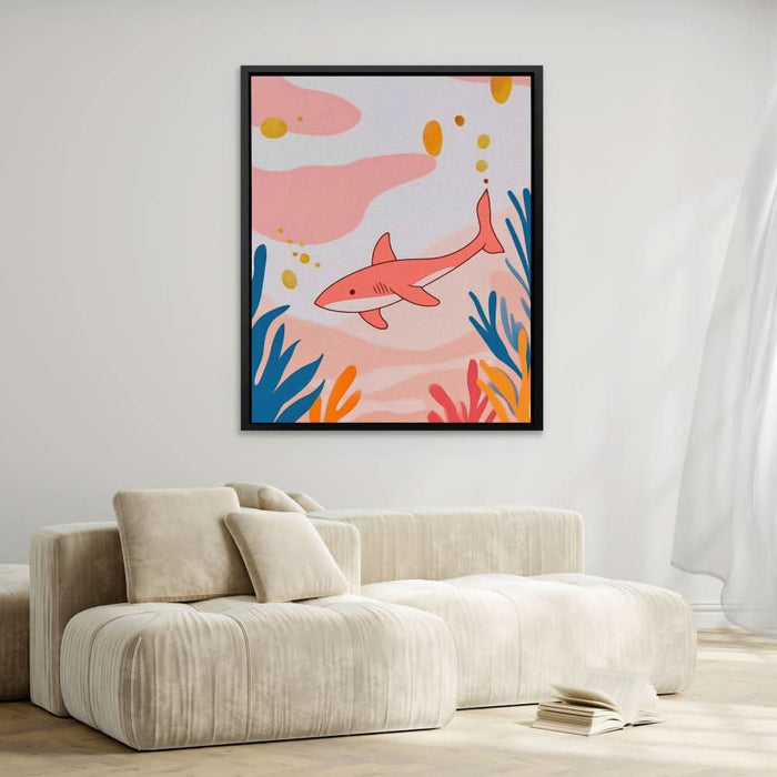 Seeking Pink Shark - Coastal Wall Art in Black Frame