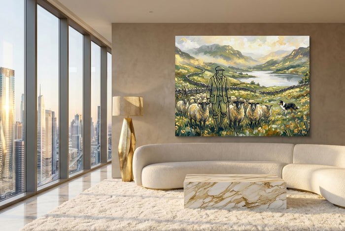Shepherd Mountain Herd — shepherd mountain herd modern living room interior 3 1land flush print