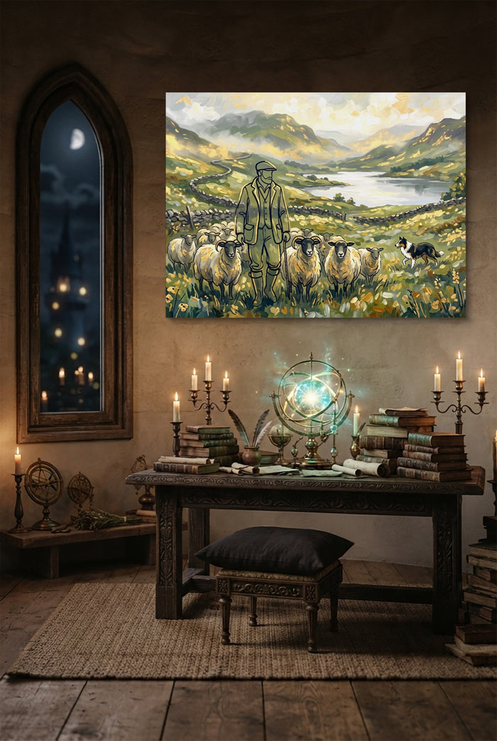 Shepherd Mountain Herd — shepherd mountain herd p desk with globe and books 1land flush print