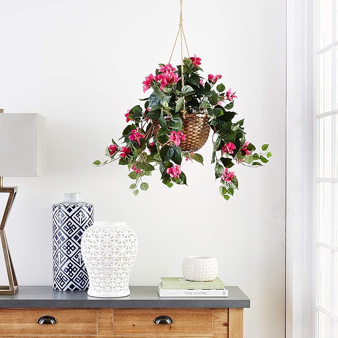 Silk Bougainvillea Hanging Basket – Faux Cascading Vine in Wicker Planter - Ed's Plant Shop