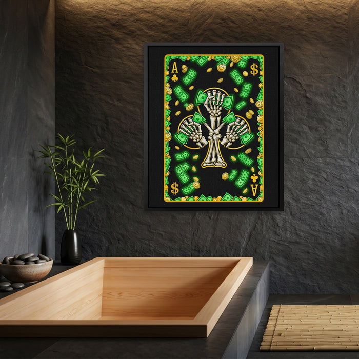 Skeleton Money Ace of Clubs Card canvas wall art, room view
