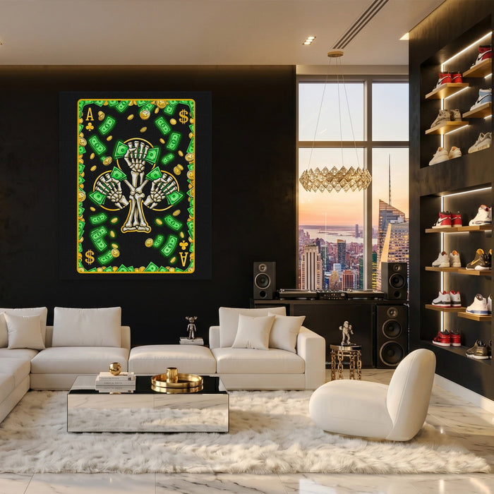 Skeleton Money Ace of Clubs Card canvas wall art, room view