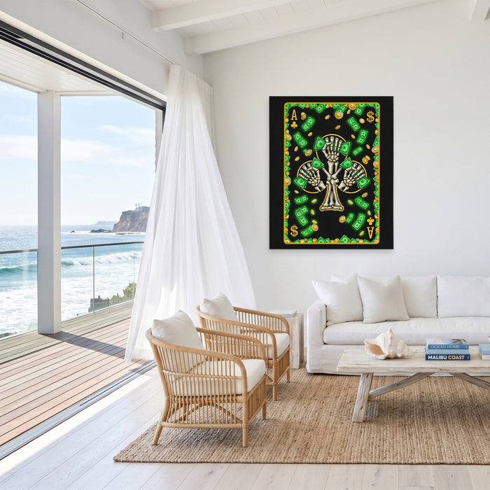 Skeleton Money Ace of Clubs Card canvas wall art, room view