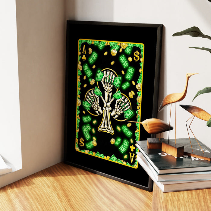 Skeleton Money Ace of Clubs Card canvas wall art, room view