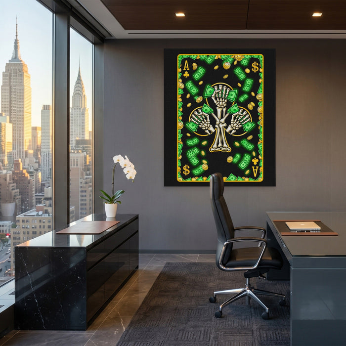 Skeleton Money Ace of Clubs Card canvas wall art, room view