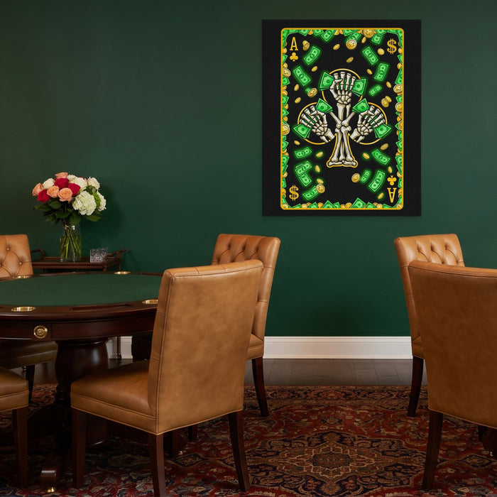 Skeleton Money Ace of Clubs Card canvas wall art, room view