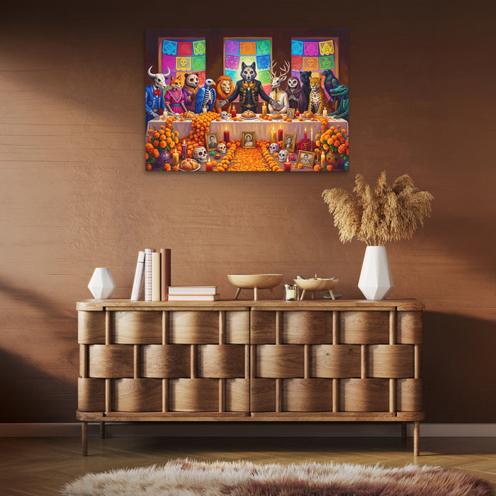 Skeletons Festive Gathering canvas wall art, room view