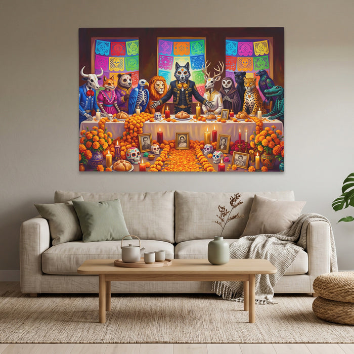 Skeletons Festive Gathering canvas wall art, room view