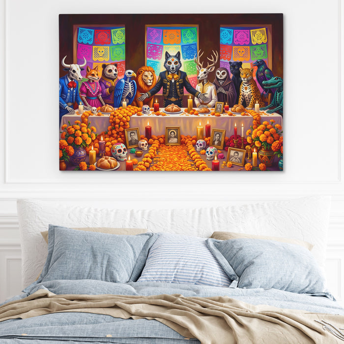 Skeletons Festive Gathering canvas wall art, room view