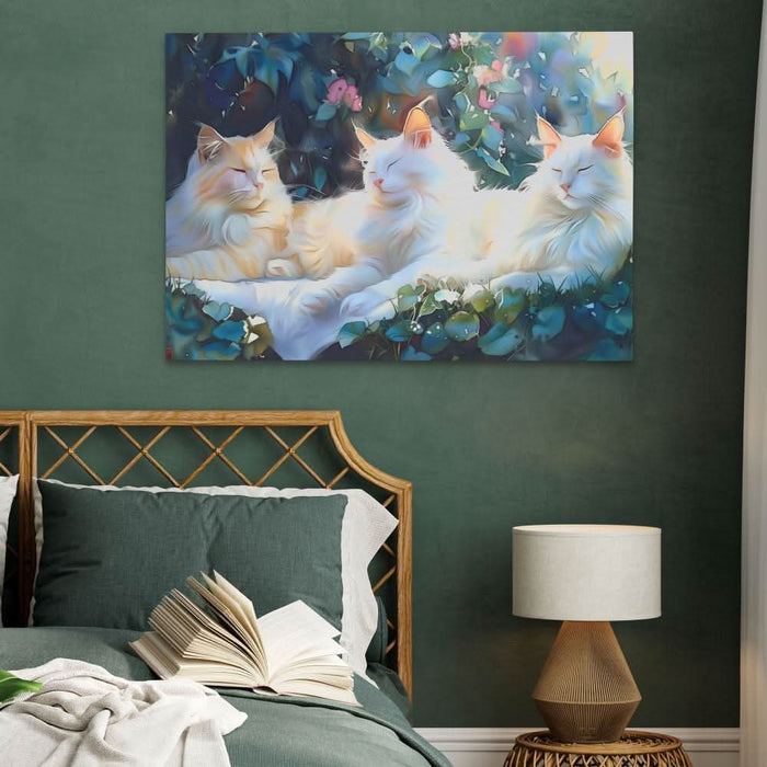 Sleeping White Cats - Wall Art in Black Frame
