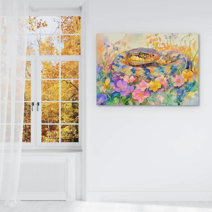 Snake in Flowers - Colorful Canvas Wall Art