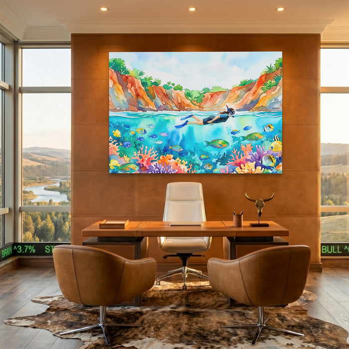 Snorkeler Coral Reef canvas wall art, room view