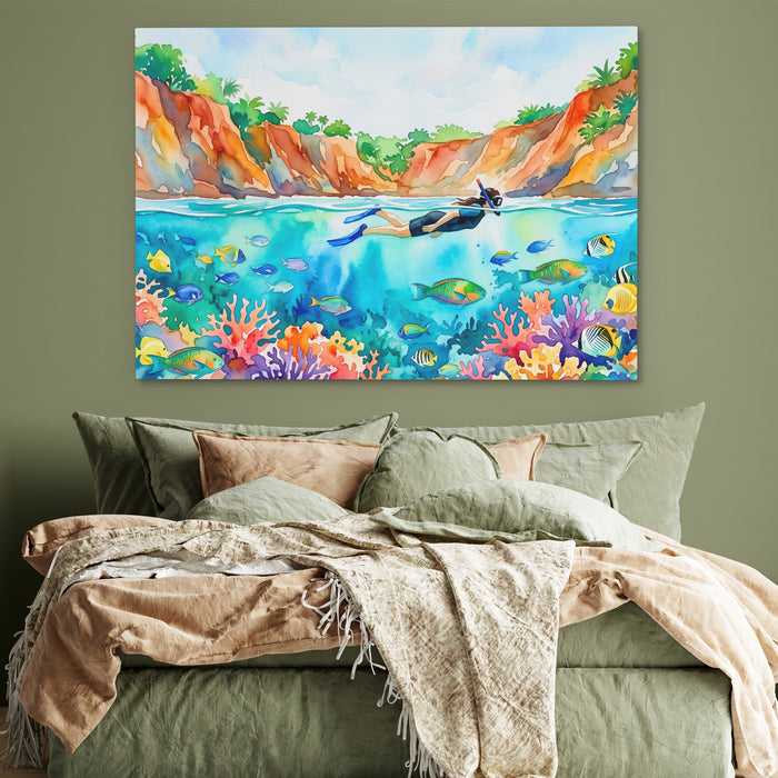 Snorkeler Coral Reef canvas wall art, room view