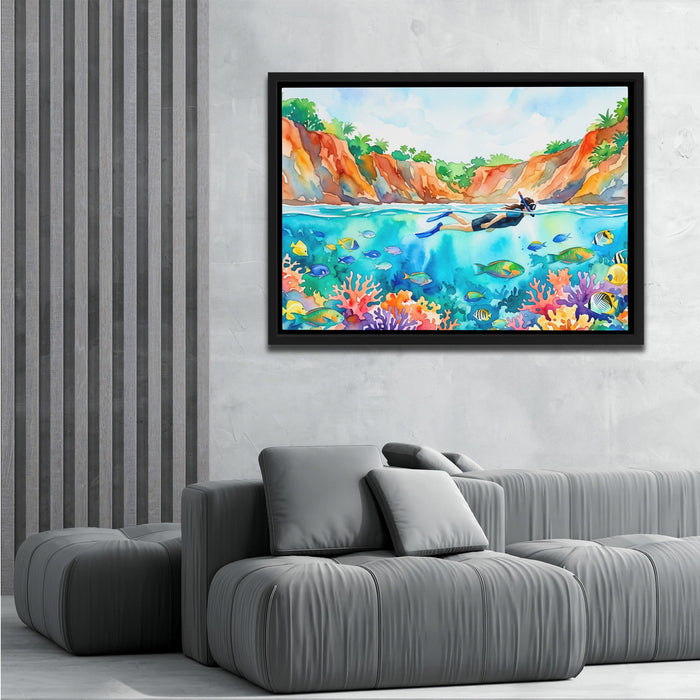 Snorkeler Coral Reef canvas wall art, room view